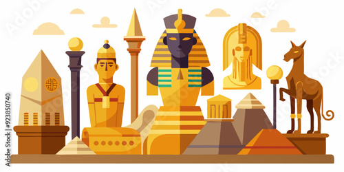 Egypt stone statue set, vector ancient rock ruin, pharaoh clay figurine, Egyptian gods silhouette, Osiris. Old civilization archaeology monument, temple object on white. Egypt tomb statue collection 