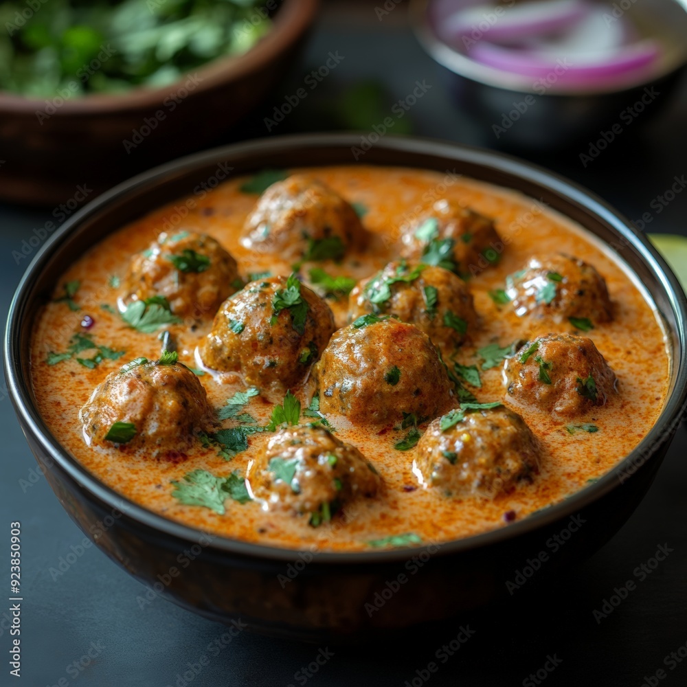 A bowl of delicious Indian kofta curry, garnished with fresh cilantro and a drizzle of cream, showcasing traditional Indian flavors and spices. A bowl of delicious Indian kofta curry, garnished with fresh cilantro and a drizzle of cream, showcasing traditional Indian flavors and spices.