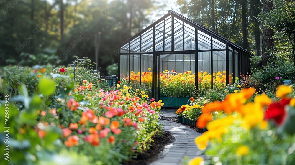A vibrant greenhouse surrounded by colorful flowers, showcasing the beauty of nature in a serene garden setting. A vibrant greenhouse surrounded by colorful flowers, showcasing the beauty of nature in a serene garden setting.