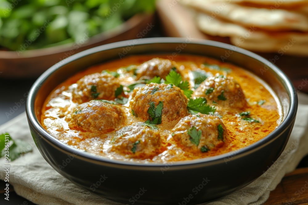 A flavorful bowl of Indian meatball curry, garnished with fresh cilantro in a rich and spiced tomato-based gravy, served with naan and onions. A flavorful bowl of Indian meatball curry, garnished with fresh cilantro in a rich and spiced tomato-based gravy, served with naan and onions.