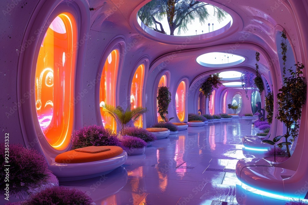Obraz premium Futuristic Corridor with Orange Glow and Lush Greenery