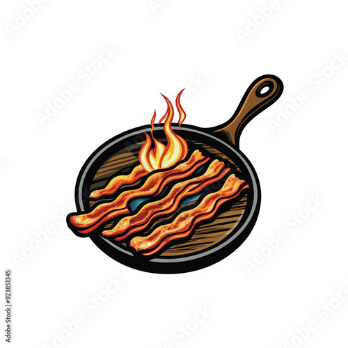 A sizzling pan of bacon strips, with flames leaping from the pan.