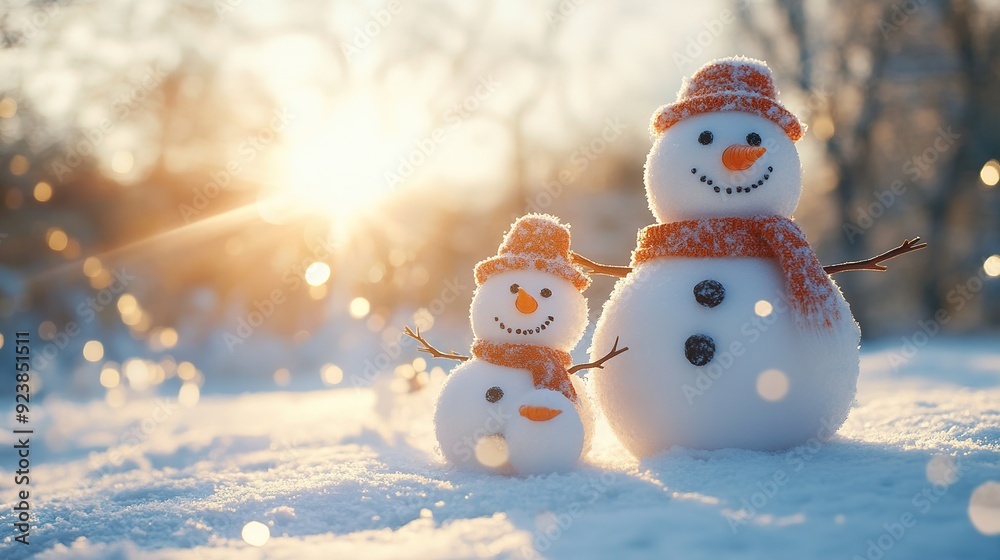 Snowman family in a winter wonderland on a blank white page Snowman family in a winter wonderland on a blank white page
