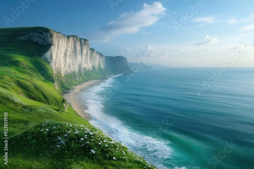 Serene coastal landscape with cliffs and crashing waves, taken at sunset