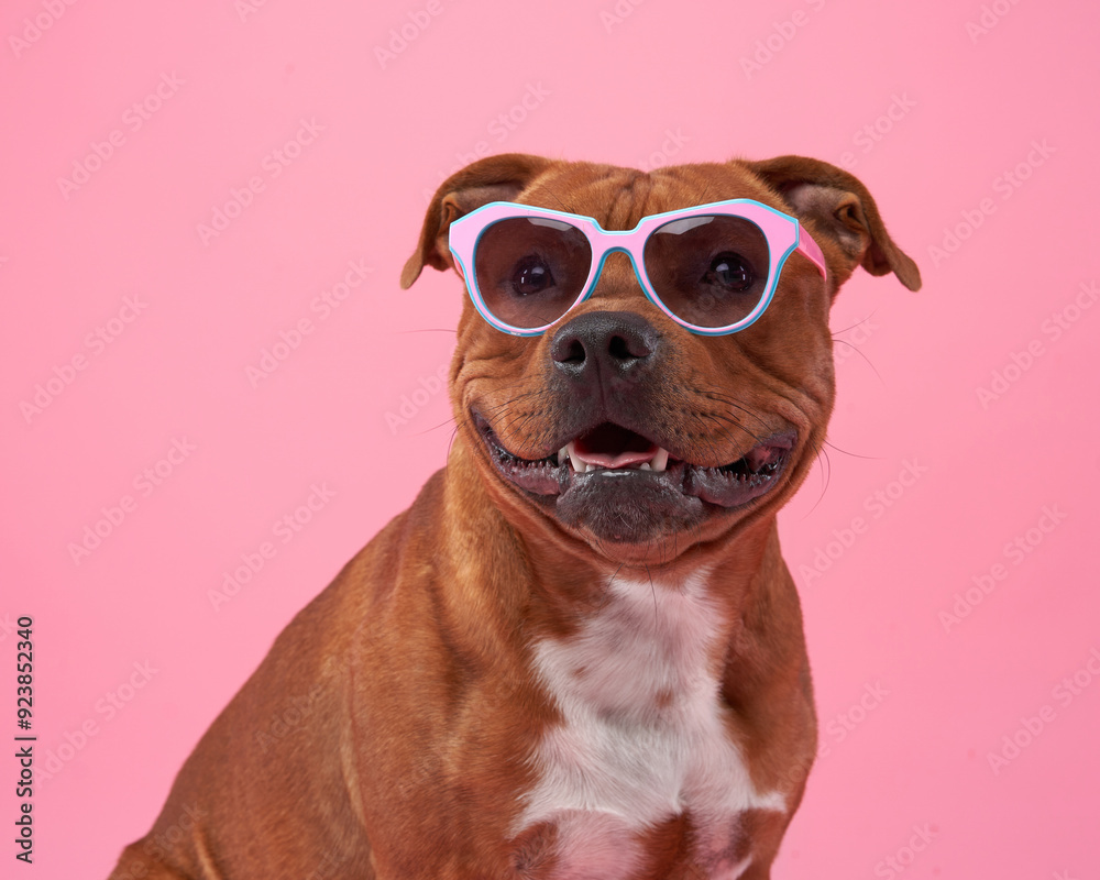 Φωτογραφία A cheerful Staffordshire Bull Terrier sports a pair of colorful turquoise glasse