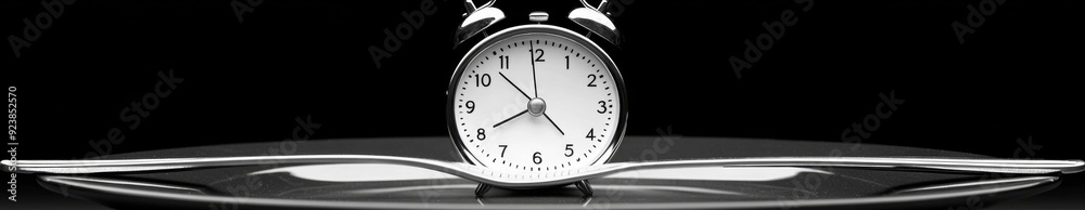 Alarm Clock on a Black Plate with Isolated Cutlery on a Clean Background: A Timely Reminder of Daily Routine and Etiquette Alarm Clock on a Black Plate with Isolated Cutlery on a Clean Background: A Timely Reminder of Daily Routine and Etiquette