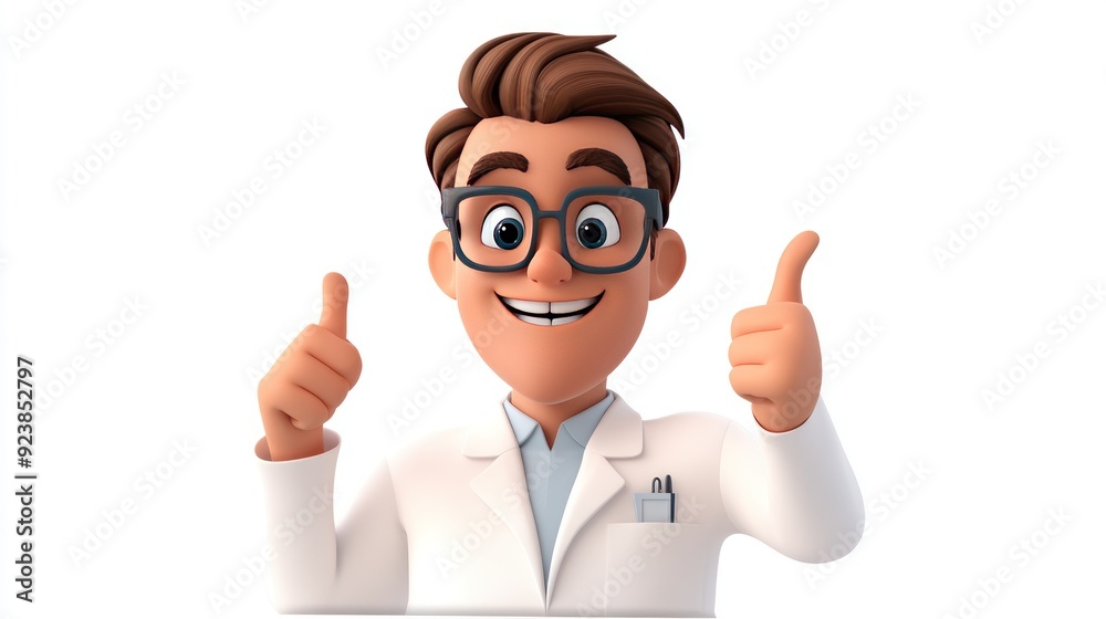 Cheerful cartoon doctor with glasses gives a thumbs up gesture. Cheerful cartoon doctor with glasses gives a thumbs up gesture.