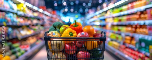 A shopping cart filled with fresh fruits and vegetables stands in the center aisle of a brightly lit supermarket.  photo