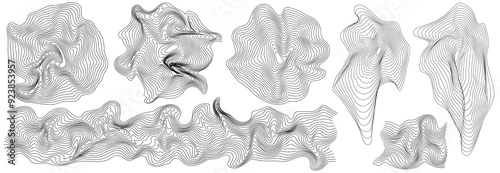 Set of backgrounds of geometric wireframe grid, waves. 3D abstract linear waves, patterns and cyberpunk elements in a trendy psychedelic rave style. 2000s Y2K retro-futuristic aesthetic.