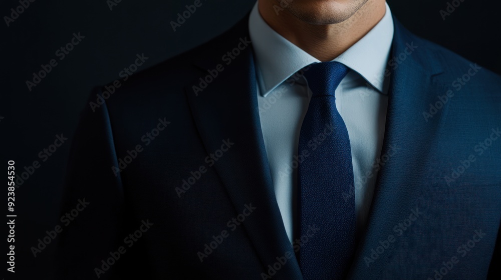 Close-up of a man in a dark blue suit wearing a blue tie and white shirt. Close-up of a man in a dark blue suit wearing a blue tie and white shirt.