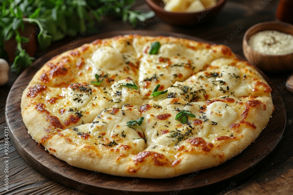 A golden-brown cheese pizza, garnished with fresh herbs and baked to perfection, presented on a rustic wooden table.