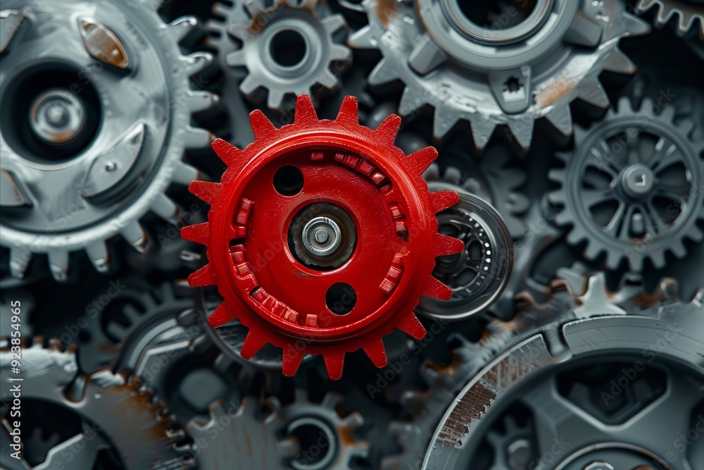 A red gear sits among a pile of metal gears A red gear sits among a pile of metal gears
