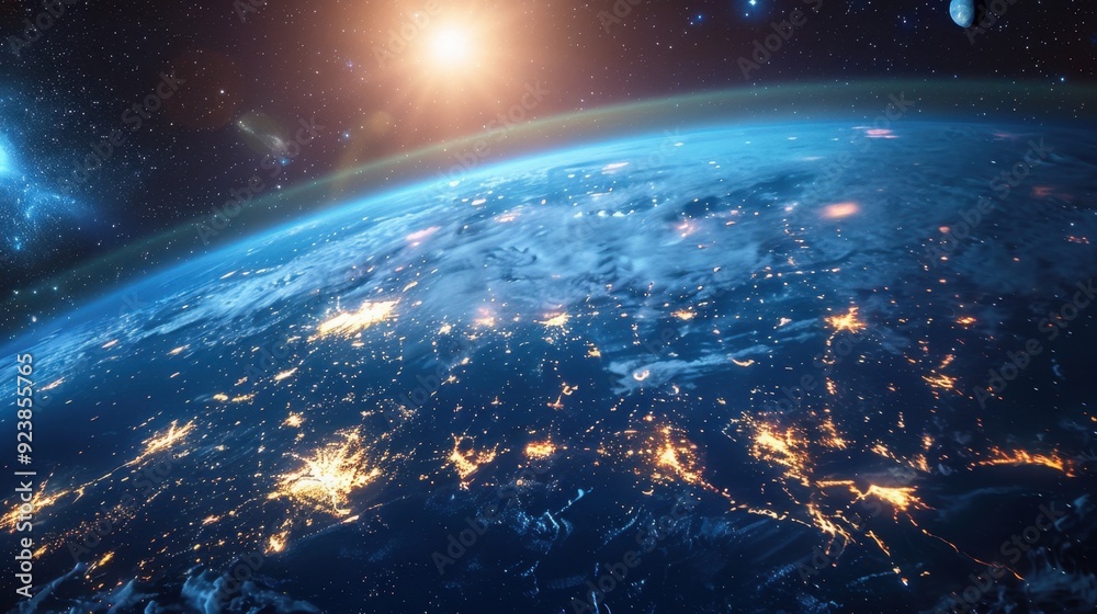 Earth at Night from Space, with City Lights and Stars Earth at Night from Space, with City Lights and Stars