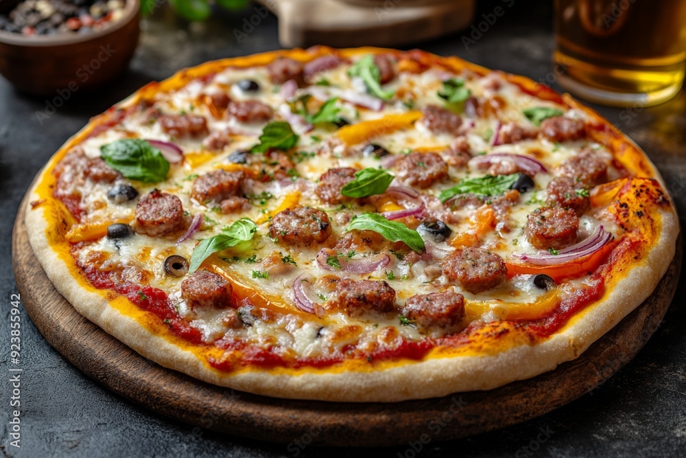 A classic meat pizza loaded with sausage, onions, and bell peppers, paired with a glass of beer on a rustic wooden table. A classic meat pizza loaded with sausage, onions, and bell peppers, paired with a glass of beer on a rustic wooden table.