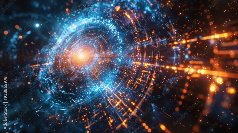 Obraz premium Abstract Digital Tunnel with Blue and Orange Lights