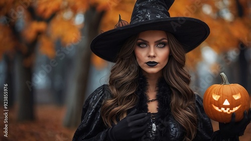 A witch holding a carved pumpkin in an autumn forest during Halloween