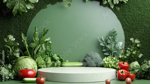 White podium with nature green background in vegetables healthy food concept. For product display, vegetarian product, real food campaign.
