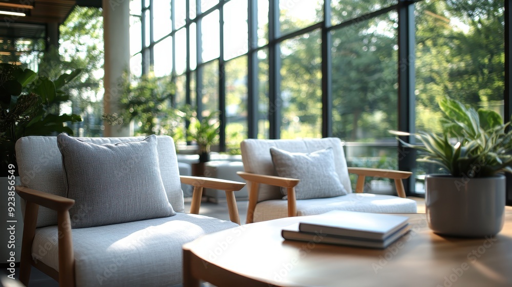 A sunlit living room features two comfy armchairs, a wooden table, and large windows that allow natural light to flood the space, creating a warm and inviting atmosphere. A sunlit living room features two comfy armchairs, a wooden table, and large windows that allow natural light to flood the space, creating a warm and inviting atmosphere.