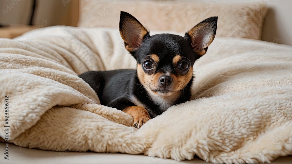 Black and tan smooth coat chihuahua dog lying on bed in the bedroom Black and tan smooth coat chihuahua dog lying on bed in the bedroom