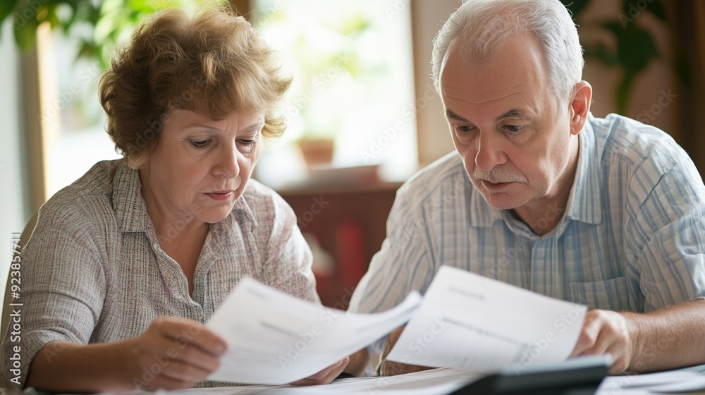 Elderly couple seriously reviewing financial documents at home, reflecting concerns over budgeting, retirement planning, and financial security.
Elderly couple seriously reviewing financial documents at home, reflecting concerns over budgeting, retirement planning, and financial security.