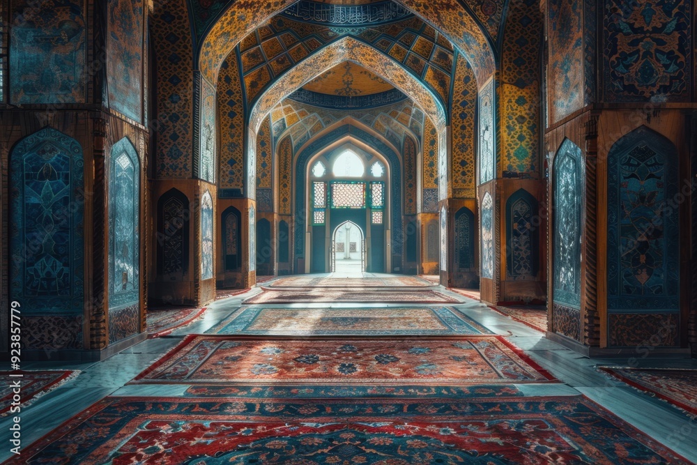 Obraz premium Ornate Interior of a Mosque with Sunlight Streaming Through the Entrance