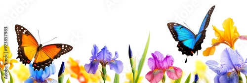 A stunning display of colorful butterflies fluttering among blooming irises creates an enchanting scene, full of natures beauty and diverse colors, showcasing its wondrous charm and detail
