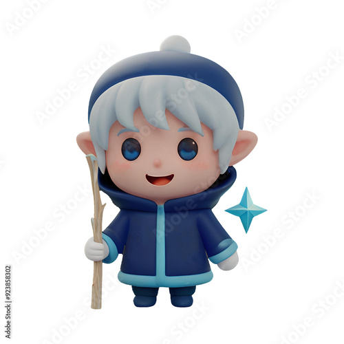 3D Chibi Jack Frost wearing a blue shirt and white hair has a transparent background, which is convenient to use.