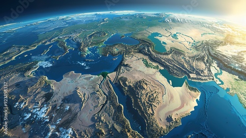 Physical map of Planet Earth, centered on the Mediterranean Sea. Satellite view of Southern Europe and North Africa with the sun shining on the horizon. 3D illustration.