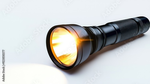 A black flashlight is turned on with a bright yellow light emitting from it and a small reflection on the white background.