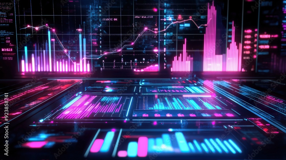 A computer screen shows a colorful display of graphs and numbers