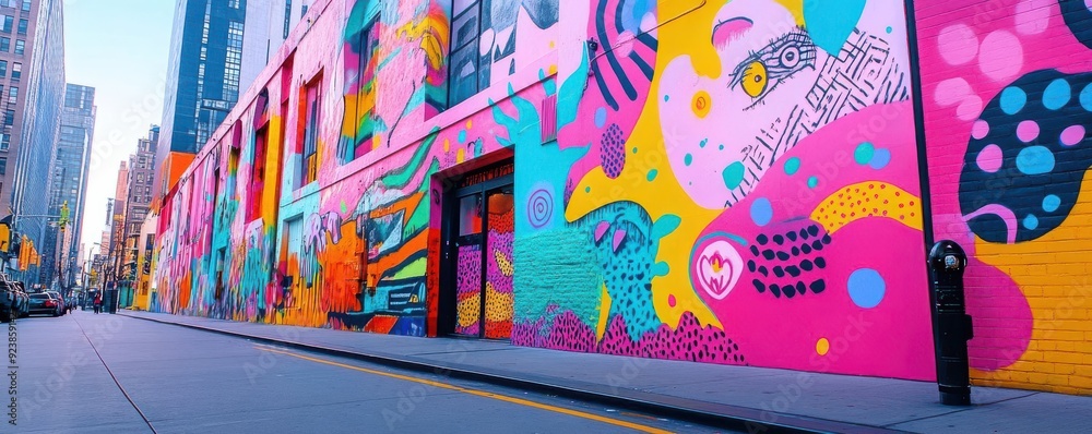 Obraz premium Vibrant street art scene with colorful murals and urban culture, daytime shot