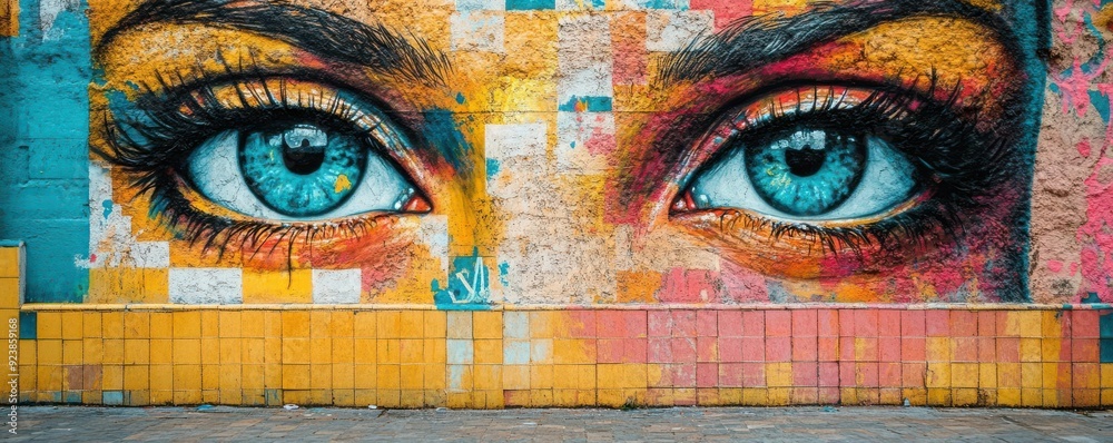 Naklejka premium Vibrant street art scene, colorful murals, urban culture, daytime shot