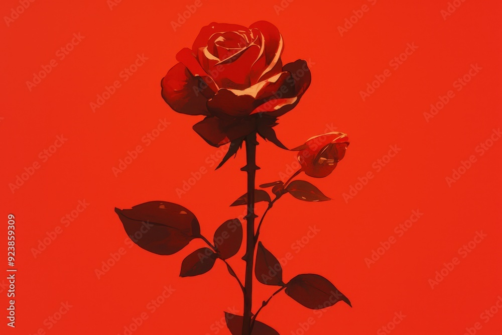 Obraz premium Single Red Rose with Stem and Leaves on a Red Background