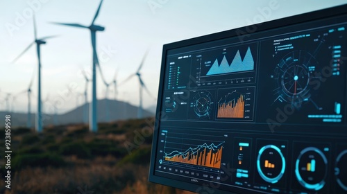 A computer monitor displays a graph of wind power