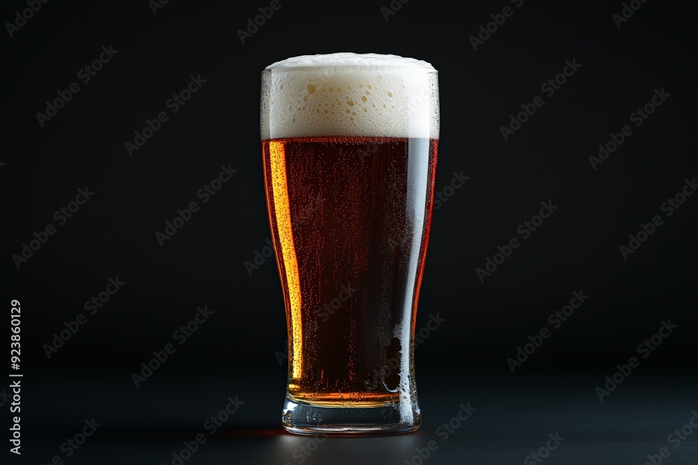 A dark beer in a tall glass with rich amber hues, highlighting the frothy head and effervescent bubbles against a black background.