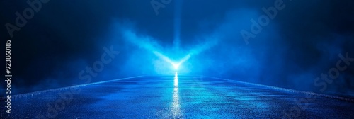 Abstract Blue Light on Wet Asphalt Road at Night - A blue light shines down onto a wet asphalt road at night, creating a reflective surface and a mysterious atmosphere. The light symbolizes hope, oppo photo