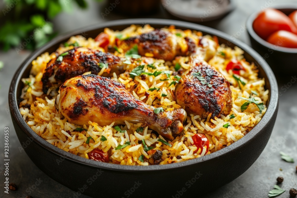 A flavorful chicken biryani served in a traditional bowl, showcasing tender chicken pieces on a bed of spiced rice, garnished with fresh coriander. A flavorful chicken biryani served in a traditional bowl, showcasing tender chicken pieces on a bed of spiced rice, garnished with fresh coriander.