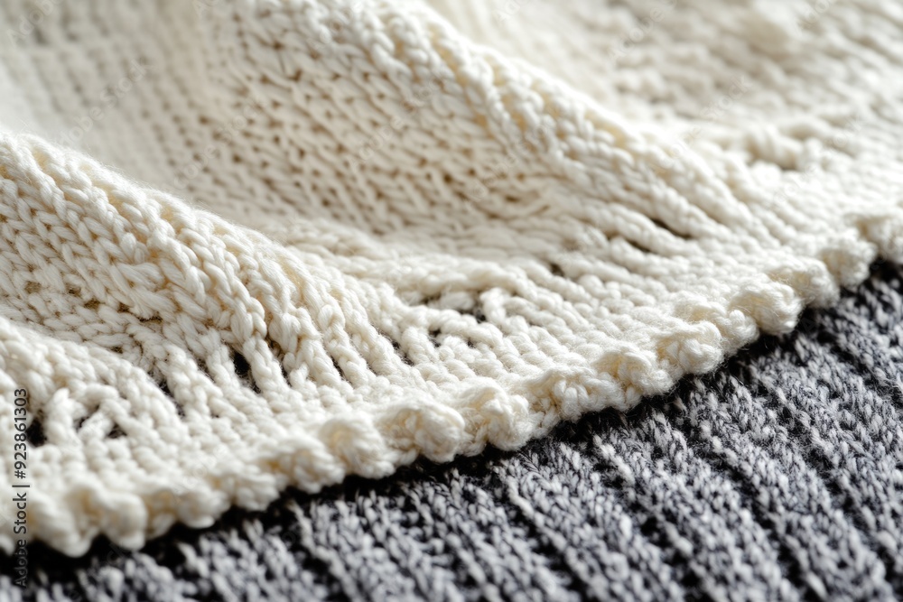 Knit Edge. Handmade White Thread Fabric Knit Fragment with Seam Knit Edge. Handmade White Thread Fabric Knit Fragment with Seam