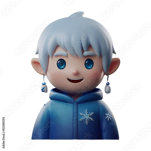 3D Chibi Jack Frost wearing a blue shirt and white hair has a transparent background, which is convenient to use.