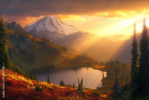 Mountain Splendor: Aerial View of Fall at Mount Rainier Overlooking Tipsoo Lake photo