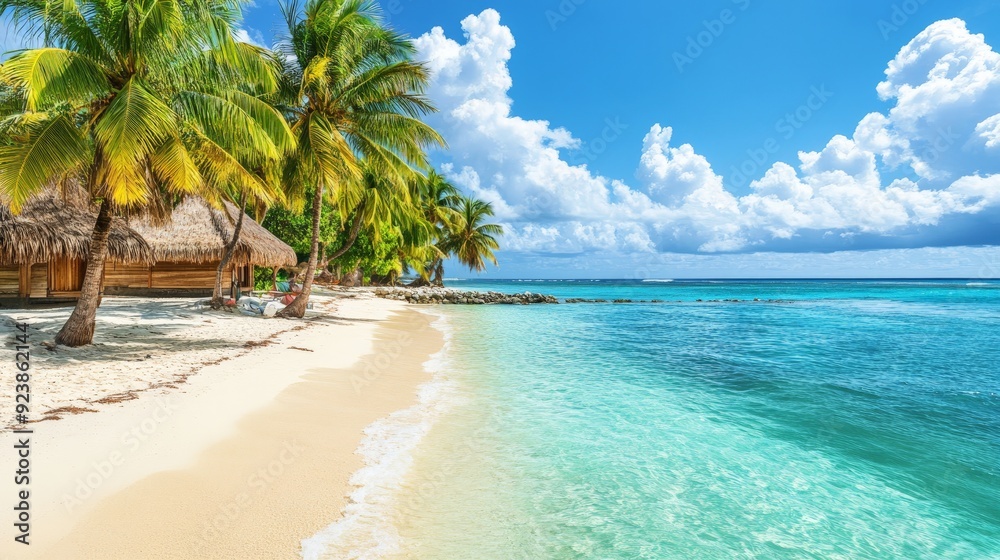 Fototapeta premium Tropical Beach Paradise with Palm Trees White Sand and Turquoise Crystal-Clear Water Under a Sunny Sky