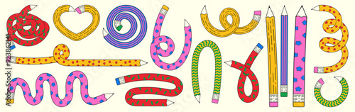Curved funny pencil set. Trendy twisted pencil, creative school supply. Flexible colorful pencils with different patterns in retro linear style.
