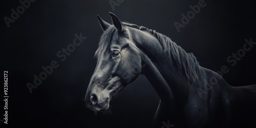 give me 45 key words for Photo of a horse isolated against a black background, emphasising the horse's majestic features. Wildlife and conservation concept, space for copy.