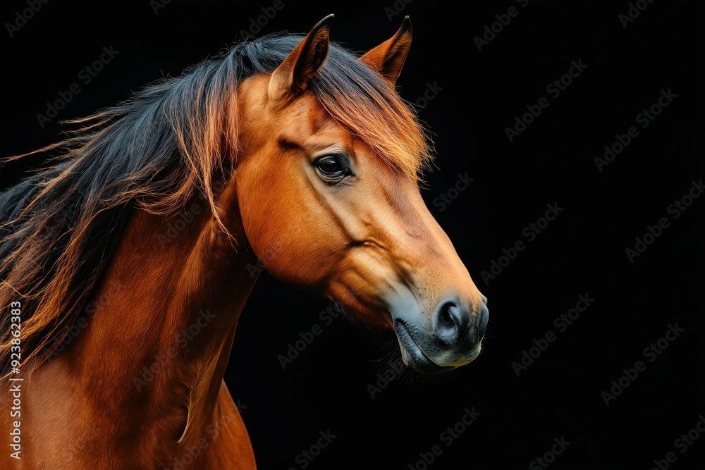 Fototapeta premium give me 45 key words for Photo of a horse isolated against a black background, emphasising the horse's majestic features. Wildlife and conservation concept, space for copy.