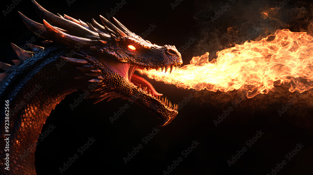 A dragon breathing fire, glowing eyes against the dark background, A dragon breathing fire, glowing eyes against the dark background,