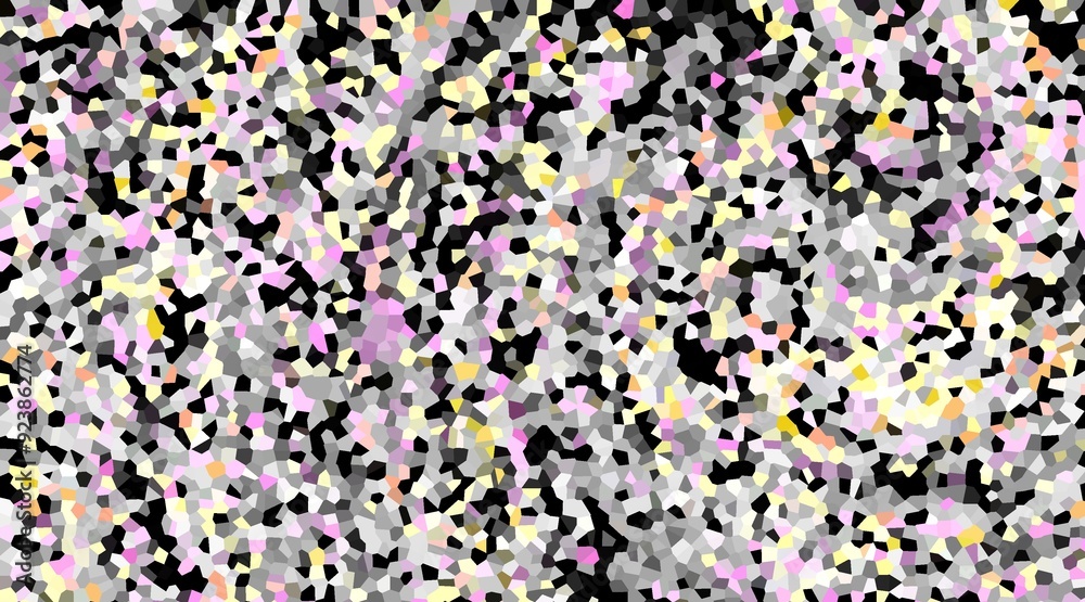 A black and white photo of a patterned background with pink and yellow dots. The photo has a somewhat abstract feel to it, with the colors and shapes creating a sense of movement and energy
