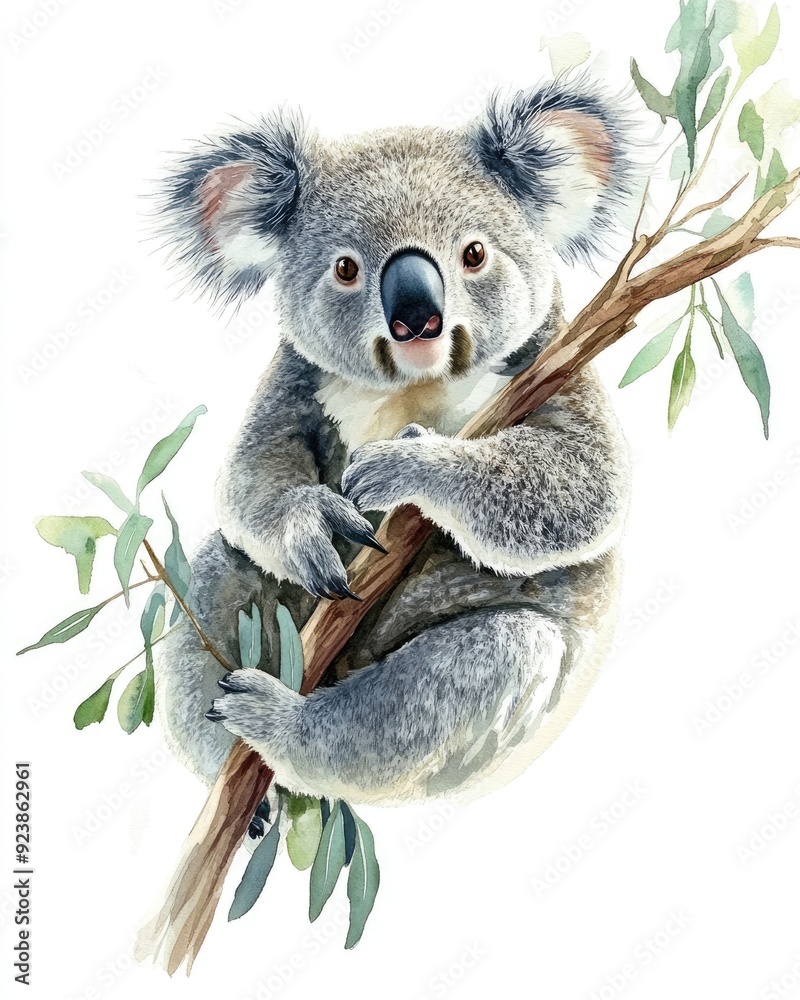 Obraz premium Watercolor Koala. Australian Koala Bear on Eucalyptus Branch in Aquarelle Art