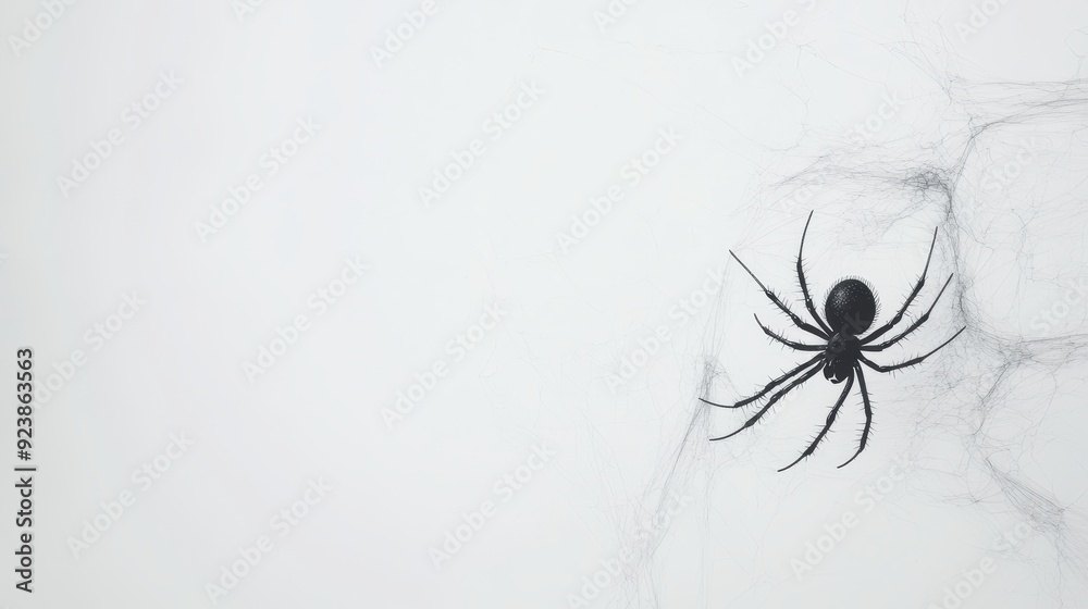 Black Spider on White Background with Web - A black spider sits in a ...