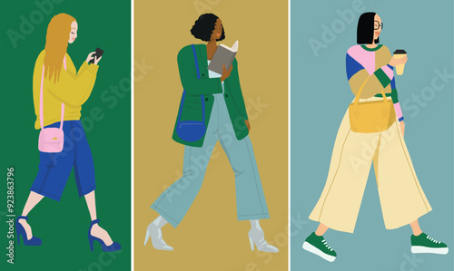 Femmes qui marchent diversité ethnique café livre téléphone noire asiatique blanche vecteur