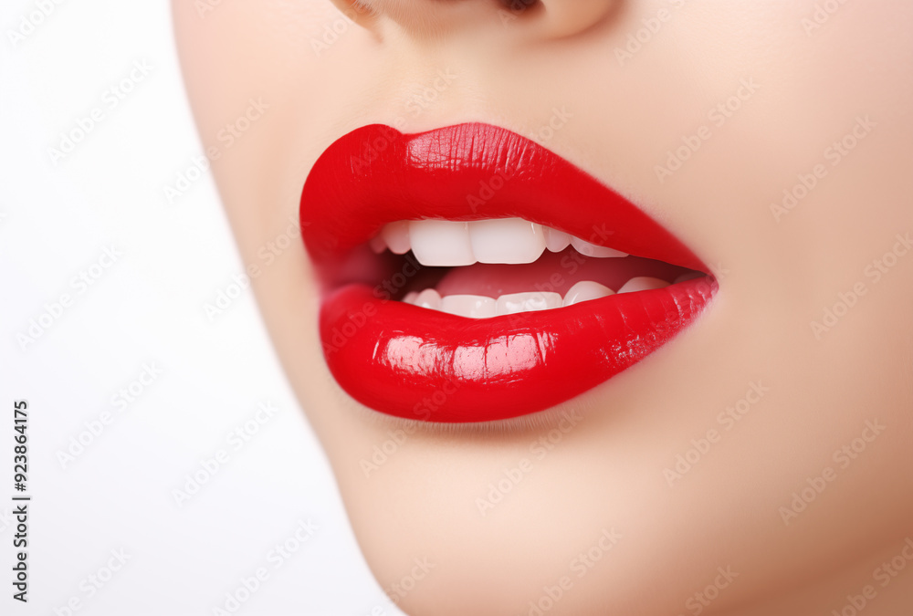 Obraz premium Close-up of a woman's mouth with red lips and tongue sticking out against a white background in a studio setting